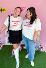 Load image into Gallery viewer, Red and White Hot Girls Love Football Oversized Tee and Black Lacy Ruffle Mini Skirt both models front view
